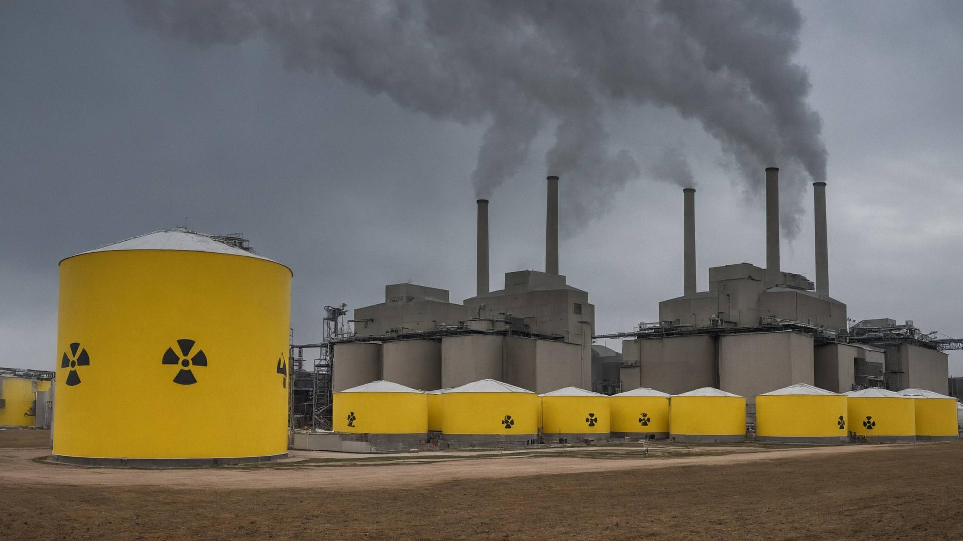 Atomkraftwerk mit Abfallfässern. Industriekraftwerk mit Kühltürmen und gelben Fässern mit radioaktivem Abfall auf einem Feld unter bewölktem Himmel.