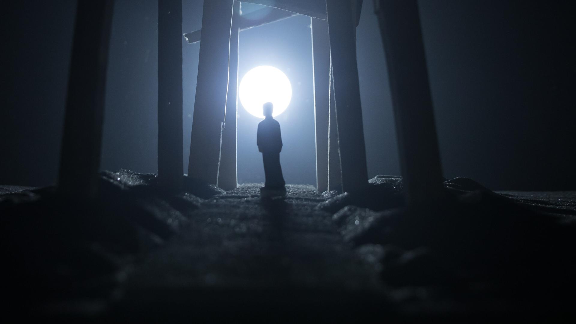 Die Silhouette eines Menschen auf einem nächtlichen Weg im fahlen Mondlicht.