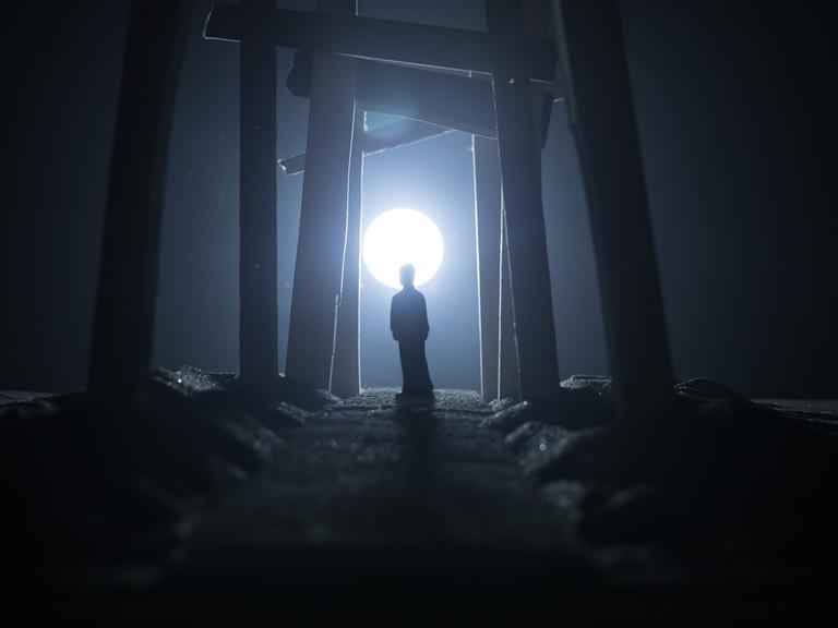 Die Silhouette eines Menschen auf einem nächtlichen Weg im fahlen Mondlicht.