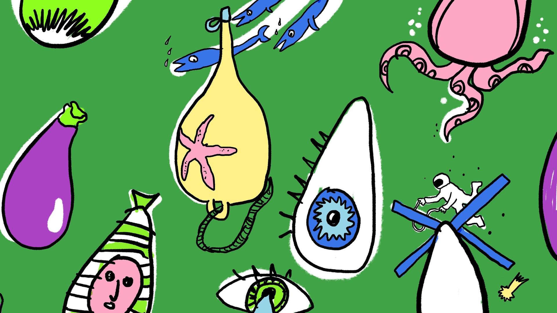 Illustration bunter doku drops vor grünem Hintergrund.