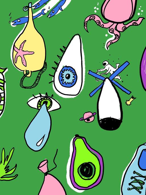 Illustration bunter doku drops vor grünem Hintergrund.