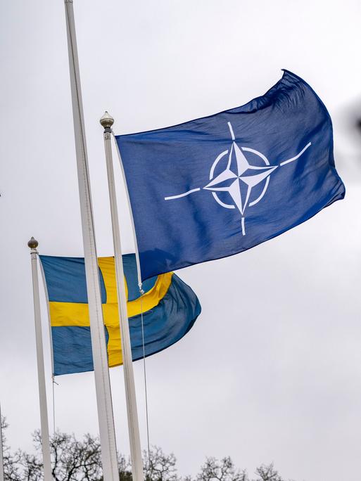 Eine schwedische Flagge neben einer NATO-Flagge.