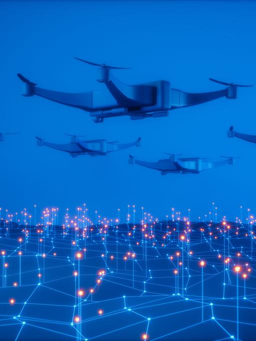 Autonomer Schwarm militärischer Drohnen, der über einem digitalen Schlachtfeldnetzwerk fliegt Autonomer Schwarm militärischer Drohnen, der über einem digitalen Schlachtfeldnetzwerk fliegt