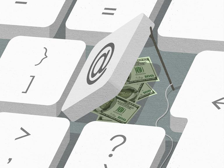 Illustration: Eine Geldfalle auf einer Computertastatur, Geldscheine stecken unter einer Taste. 