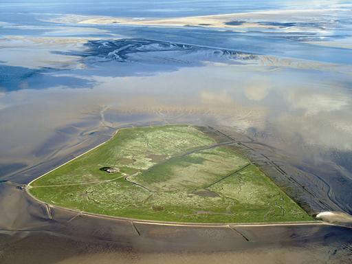 Blick von oben auf die Hallig Südfall.