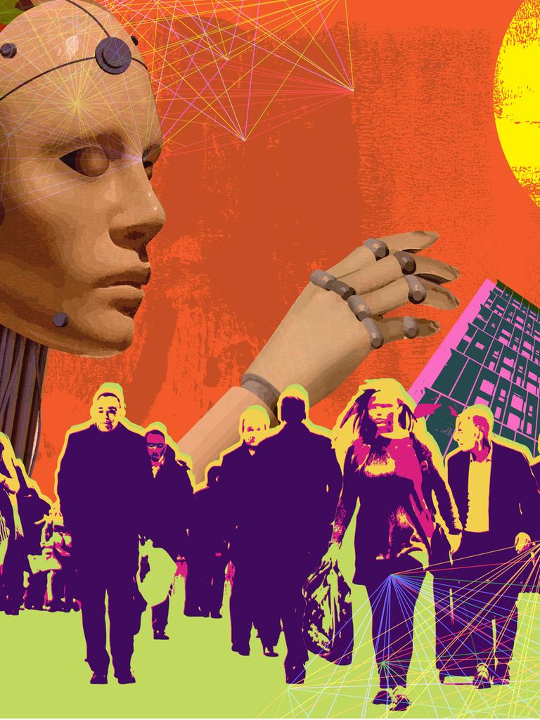 Collagenartige Illustration einer Menschenmenge mit einer Art humanoidem Roboter im Hintergrund. Dazwischen Linien und grafische Darstellungen von Gebäuden.