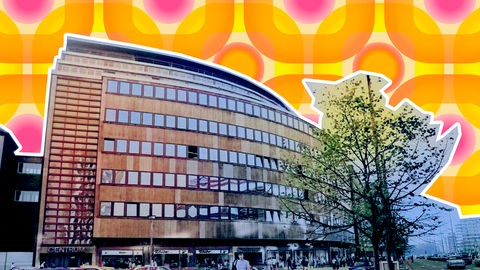 Das Centrum-Earenhaus in Chemnitz ist zu sehen. Sehr viele kleine Fenster reihen sich hier aneinander. Die Fassade ist schmutzig. Die Filiale ist ausgeschnitten und vor einen Hintergrund gelegt, der an eine Retro-Tapete aus den 70ern erinnert.