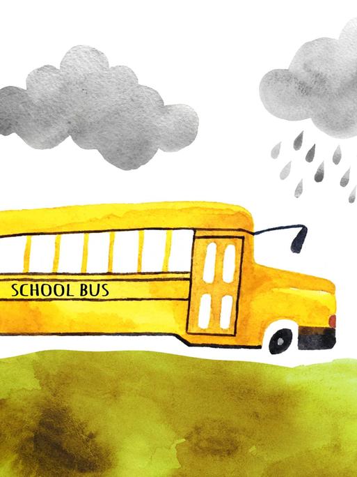 Wasserfarben-Bild: Ein gelber Schulbus fährt bei Wolken und Regen.