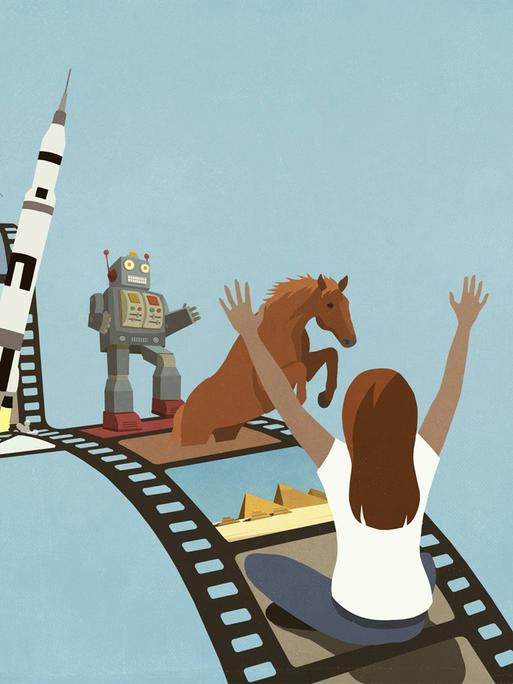 Eine Illustration zeigt eine Frau von hinten auf eiem Zelluloid-Streifen aus dessen einzelnen Bild-Abschnitten ein Pferd, ein Roboter, eine Rakete, ein Wal und ein Pirat herauschzukommen scheinen. 