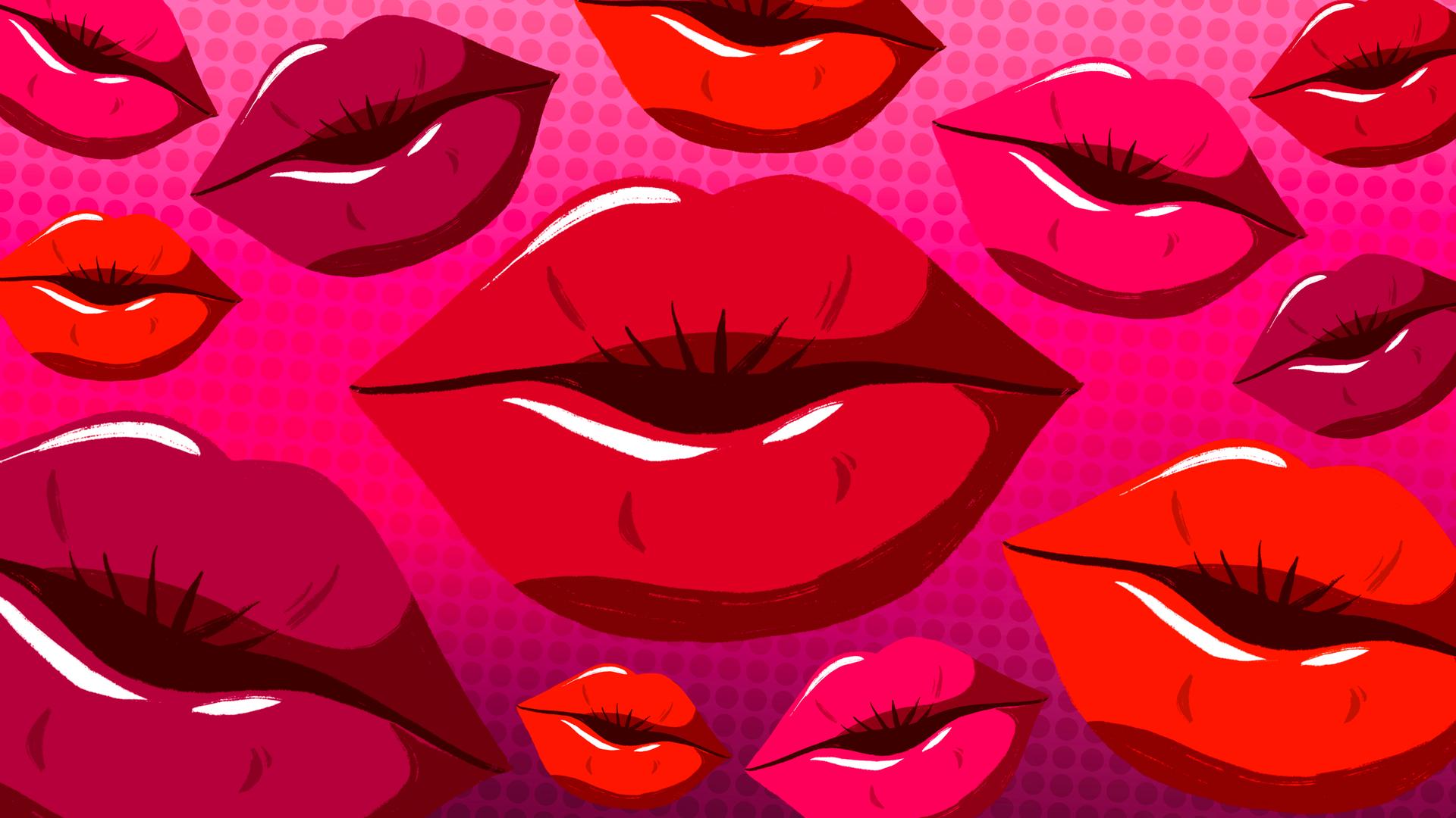 Illustration zum Thema Liebe. Eine Vielzahl Münder mit vollen roten Lippen.