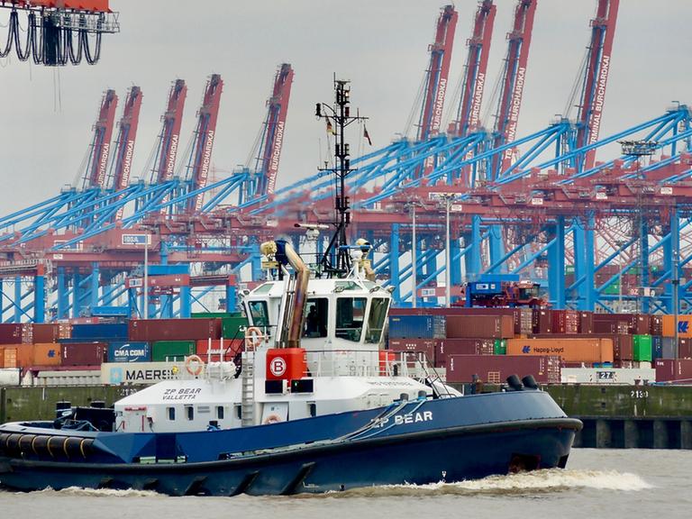 Ein Schlepper vor der Kulisse des Containerterminals Burchardkai im Hamburger Hafen, im Hintergrund die riesigen Portalbrücken-Kräne