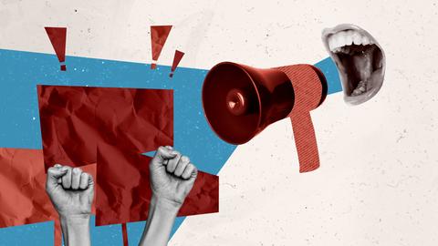 Collage zweier Fäuste, die in die Luft zeigen.  Daneben ist ein Megafon abgebildet.