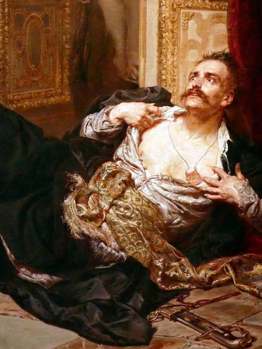 Die Detailansicht eines Gemäldes von Jan Matejko – darin protestiert der Abgeordnete Tadeusz Rejtan verzweifelt gegen die erste Teilung Polen-Litauens. 