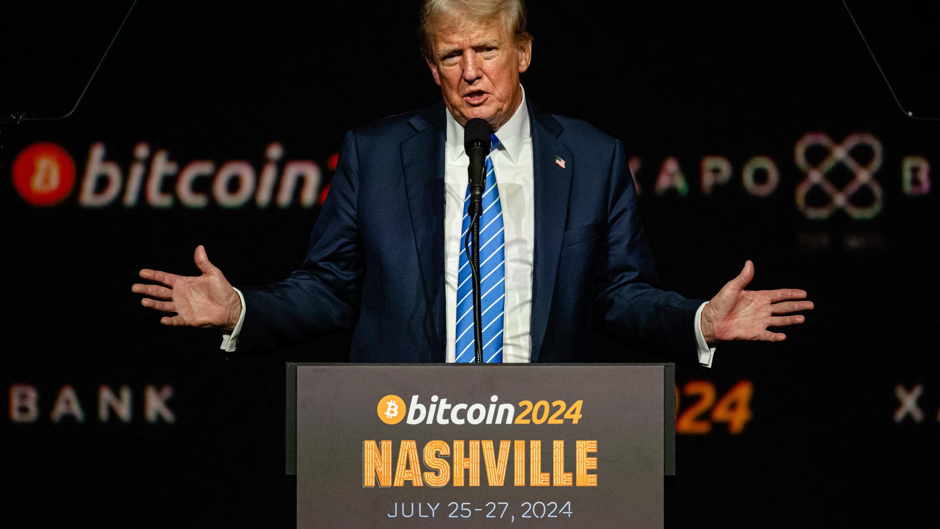 (FILES) Former President and 2024 Republican presidential candidate Donald Trump gestures while giving a keynote speech on the third day of the Bitcoin 2024 conference at Music City Center July 27, 2024 in Nashville, Tennessee.