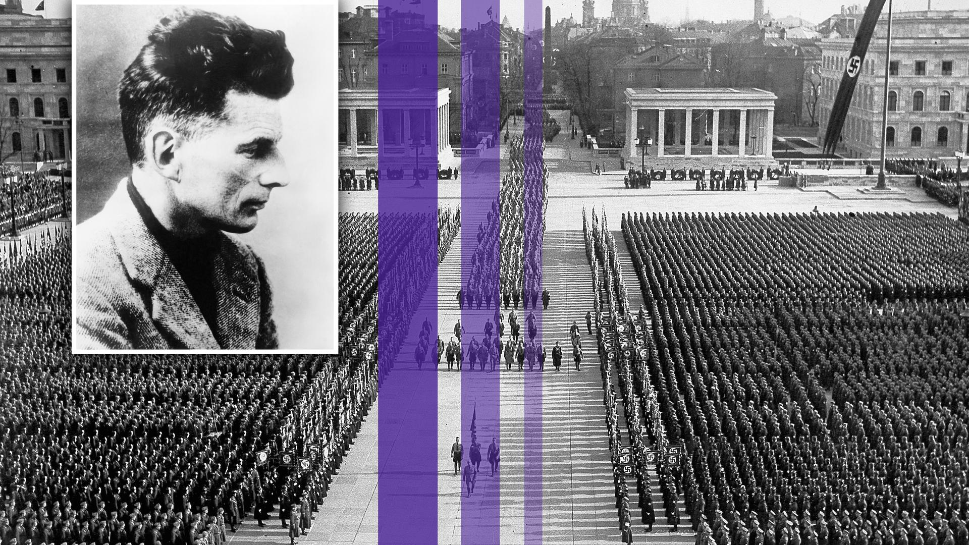 Montage eines Fotos von Samuel Beckett und drei farbiger Streifen über einem Bild eines Naziaufmarsches auf dem Königsplatz in München. Montage eines Fotos von Samuel Beckett und drei farbiger Streifen über einem Bild eines Naziaufmarsches auf dem Königsplatz in München.