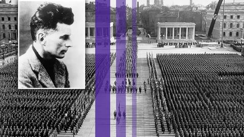 Montage eines Fotos von Samuel Beckett und drei farbiger Streifen über einem Bild eines Naziaufmarsches auf dem Königsplatz in München.