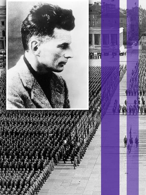 Montage eines Fotos von Samuel Beckett und drei farbiger Streifen über einem Bild eines Naziaufmarsches auf dem Königsplatz in München. Montage eines Fotos von Samuel Beckett und drei farbiger Streifen über einem Bild eines Naziaufmarsches auf dem Königsplatz in München.