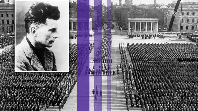 Montage eines Fotos von Samuel Beckett und drei farbiger Streifen über einem Bild eines Naziaufmarsches auf dem Königsplatz in München.