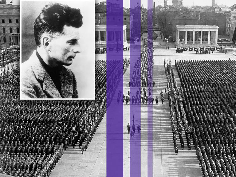 Montage eines Fotos von Samuel Beckett und drei farbiger Streifen über einem Bild eines Naziaufmarsches auf dem Königsplatz in München. Montage eines Fotos von Samuel Beckett und drei farbiger Streifen über einem Bild eines Naziaufmarsches auf dem Königsplatz in München.