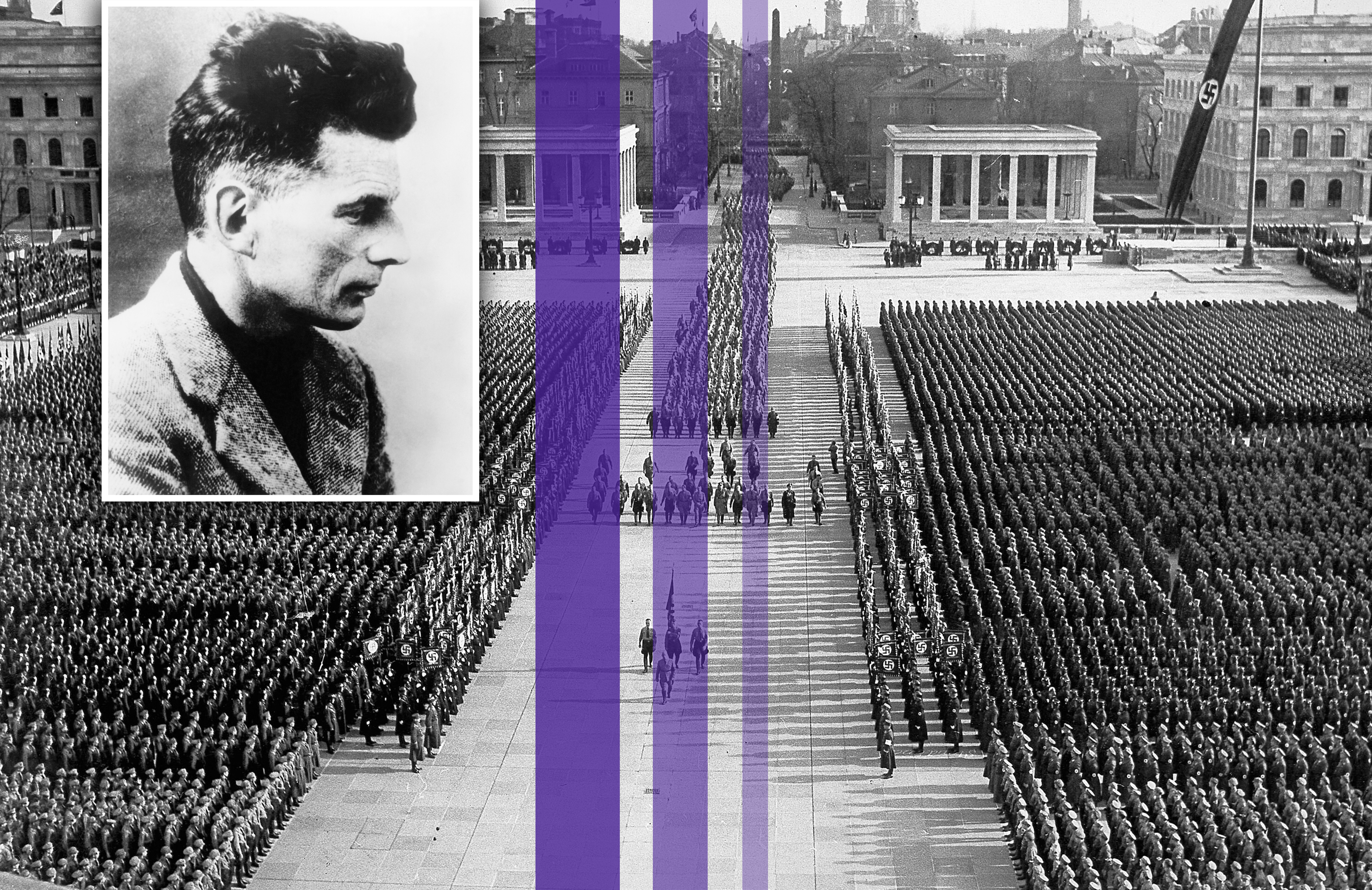 Montage eines Fotos von Samuel Beckett und drei farbiger Streifen über einem Bild eines Naziaufmarsches auf dem Königsplatz in München.