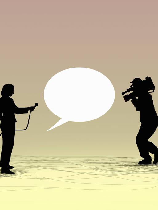 Illustration: Kameramann und Journalistin mit Mikrofon in der Hand im schwarzen Scheerenschnitt. Dazwischen eine weiße Sprechblase 