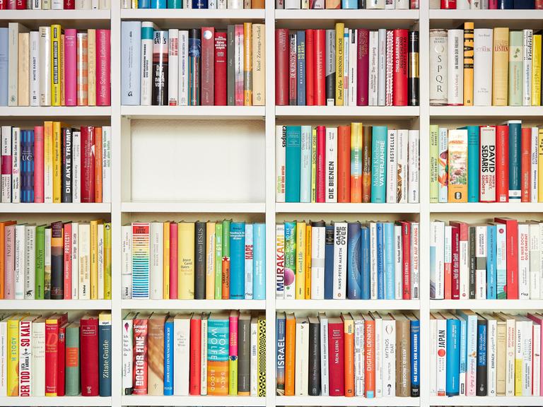 Ein weißes Regal gefüllt mit Büchern - einzig das mittlere Fach ist komplett leer