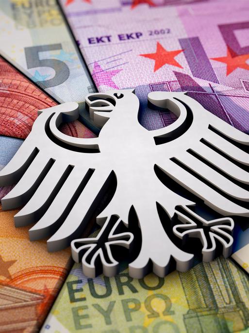 Deutscher Bundeshaushalt - Symbolbild zeigt einen Bundesadler auf Euro-Geldscheinen.