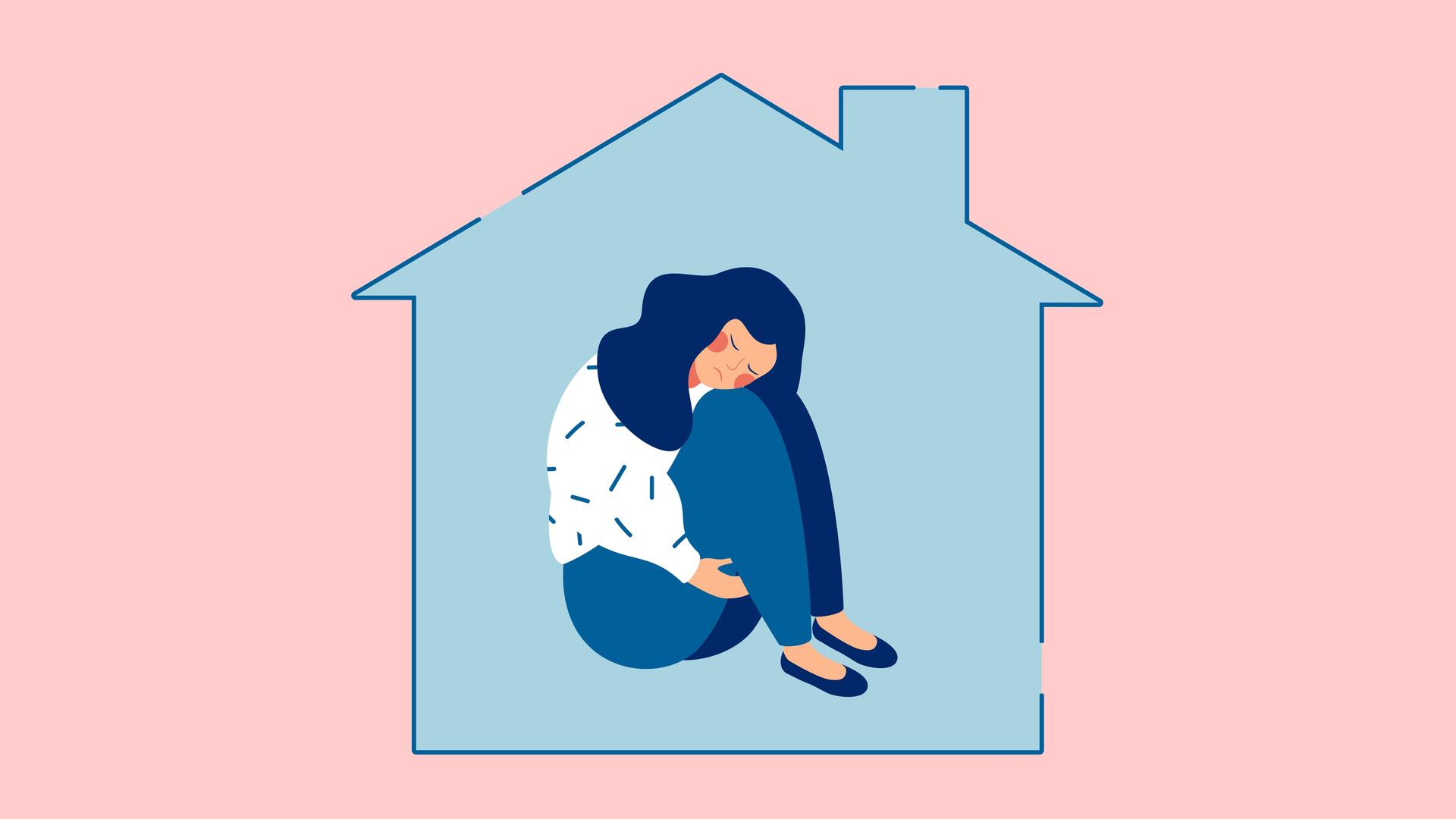 Illustration: Eine junge, traurige Frau sitzt allein in einem Haus und umklammert ihre Knie.