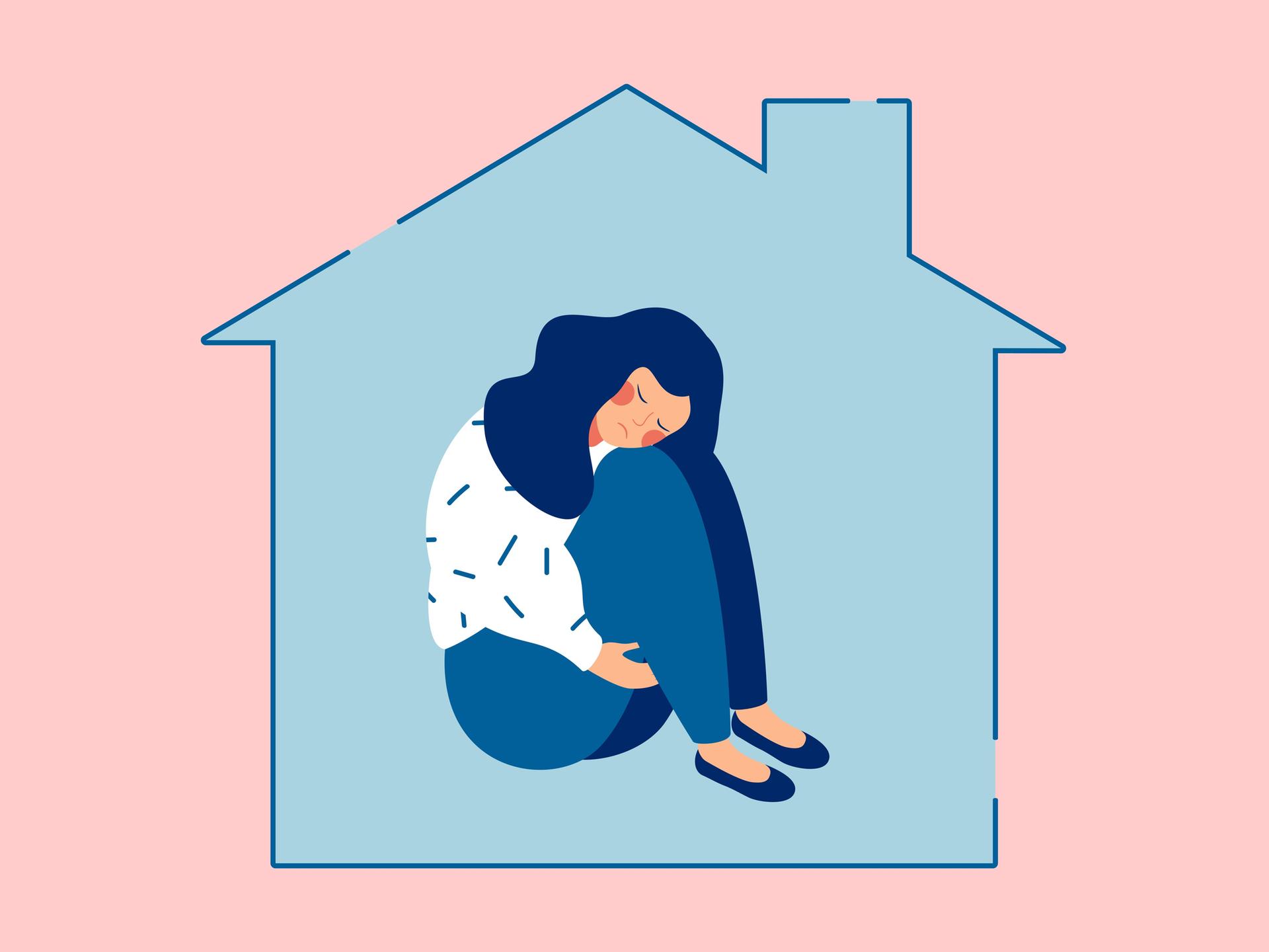 Illustration: Eine junge, traurige Frau sitzt allein in einem Haus und umklammert ihre Knie.