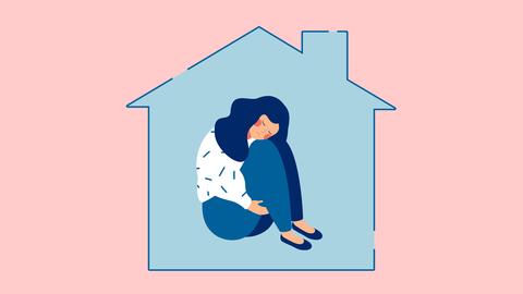 Illustration: Eine junge, traurige Frau sitzt allein in einem Haus und umklammert ihre Knie. Illustration: Eine junge, traurige Frau sitzt allein in einem Haus und umklammert ihre Knie.
