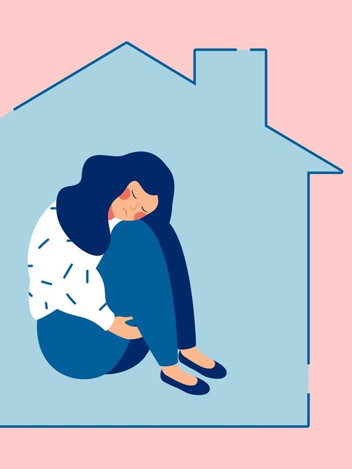 Illustration: Eine junge, traurige Frau sitzt allein in einem Haus und umklammert ihre Knie.
