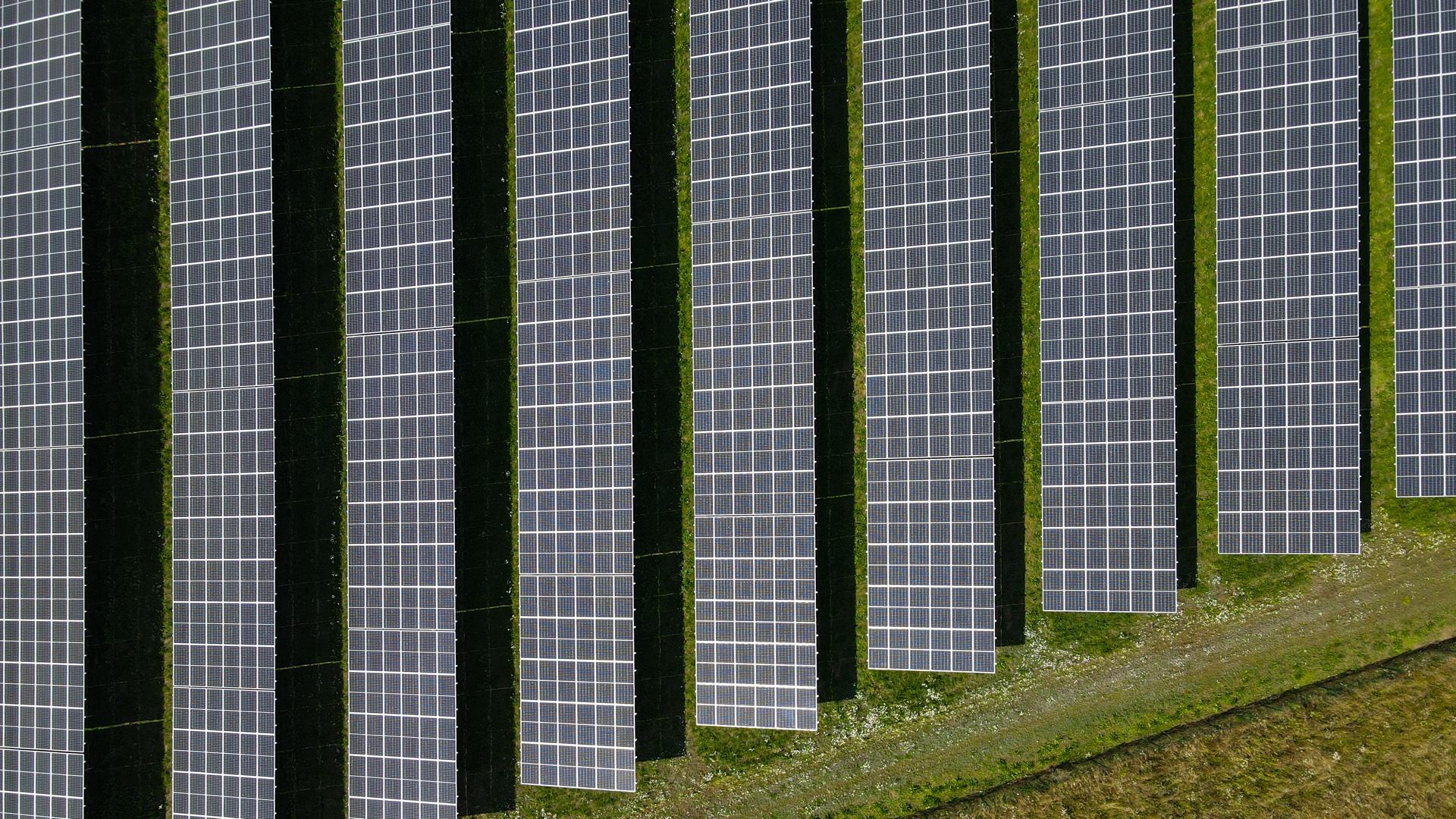 Blick von oben auf eine Photovoltaik-Anlage im Landkreis Barnim