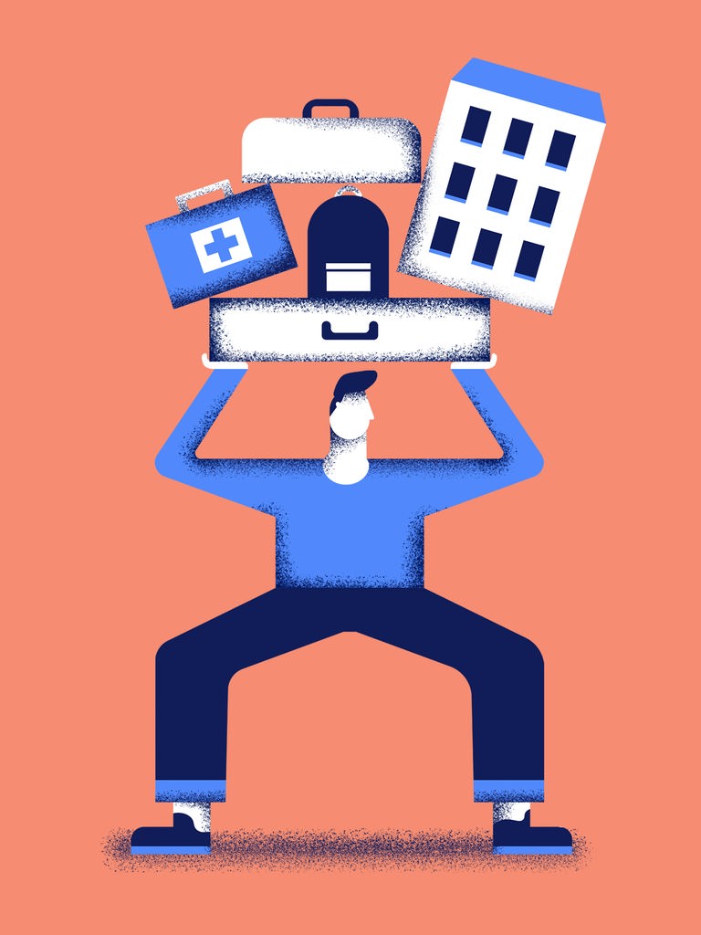 Illustration eines Mannes, der einen Reisekoffer, eine Medizinertasche und ein Haus auf dem Kopf balanciert