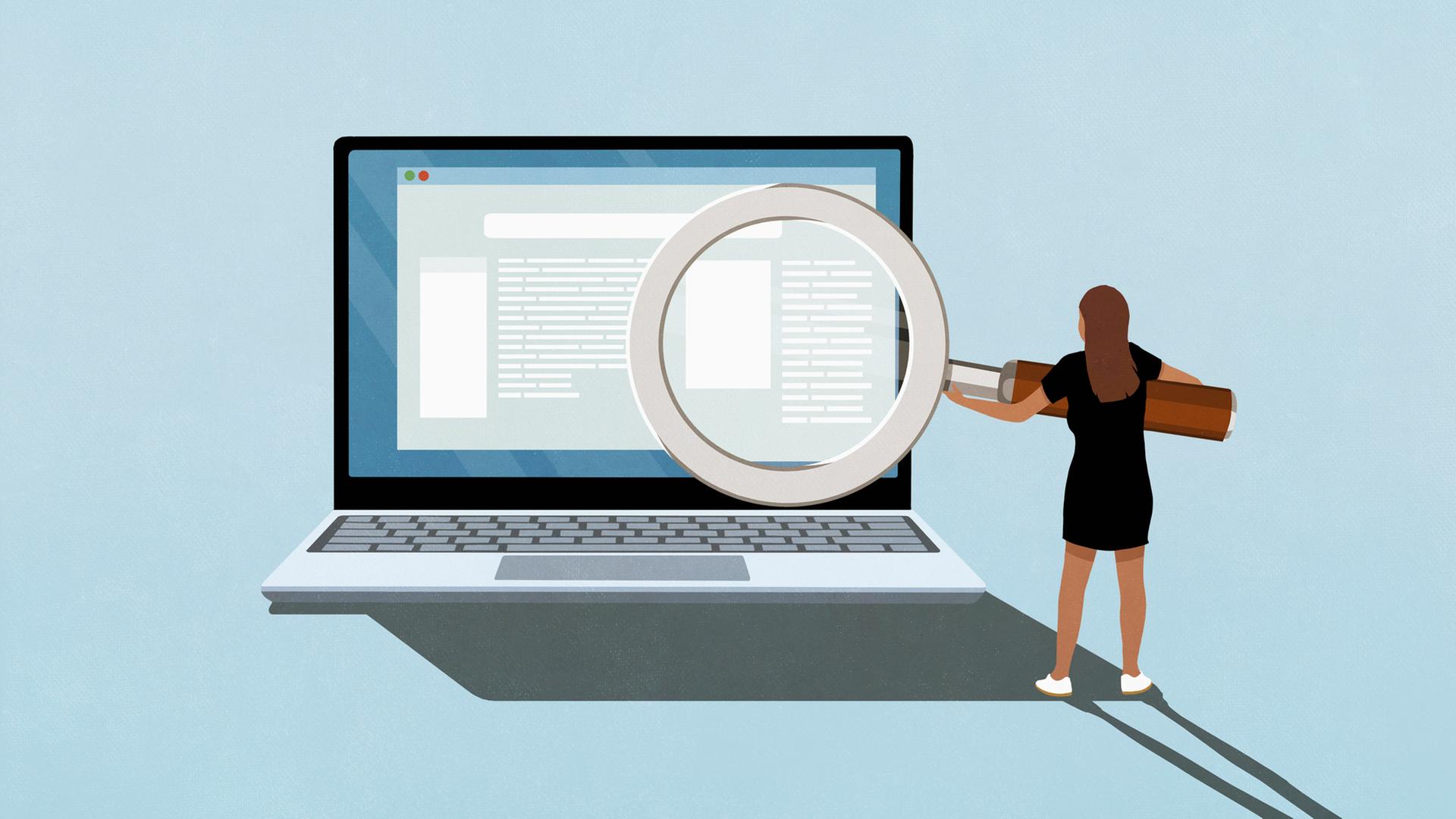 Illustration einer Frau die mit einer großen Lupe Text auf einem übergroßen Laptopbildschirm liest.