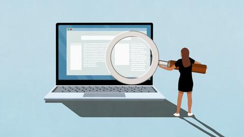 Illustration einer Frau die mit einer großen Lupe Text auf einem übergroßen Laptopbildschirm liest.