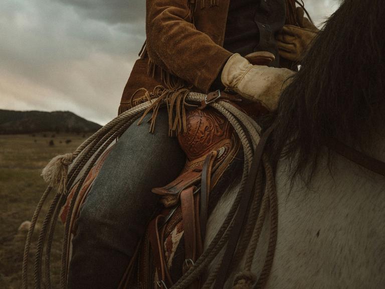 Ein Cowboy oder Cowgirl reitet auf einem Pferd durch die Steppe.