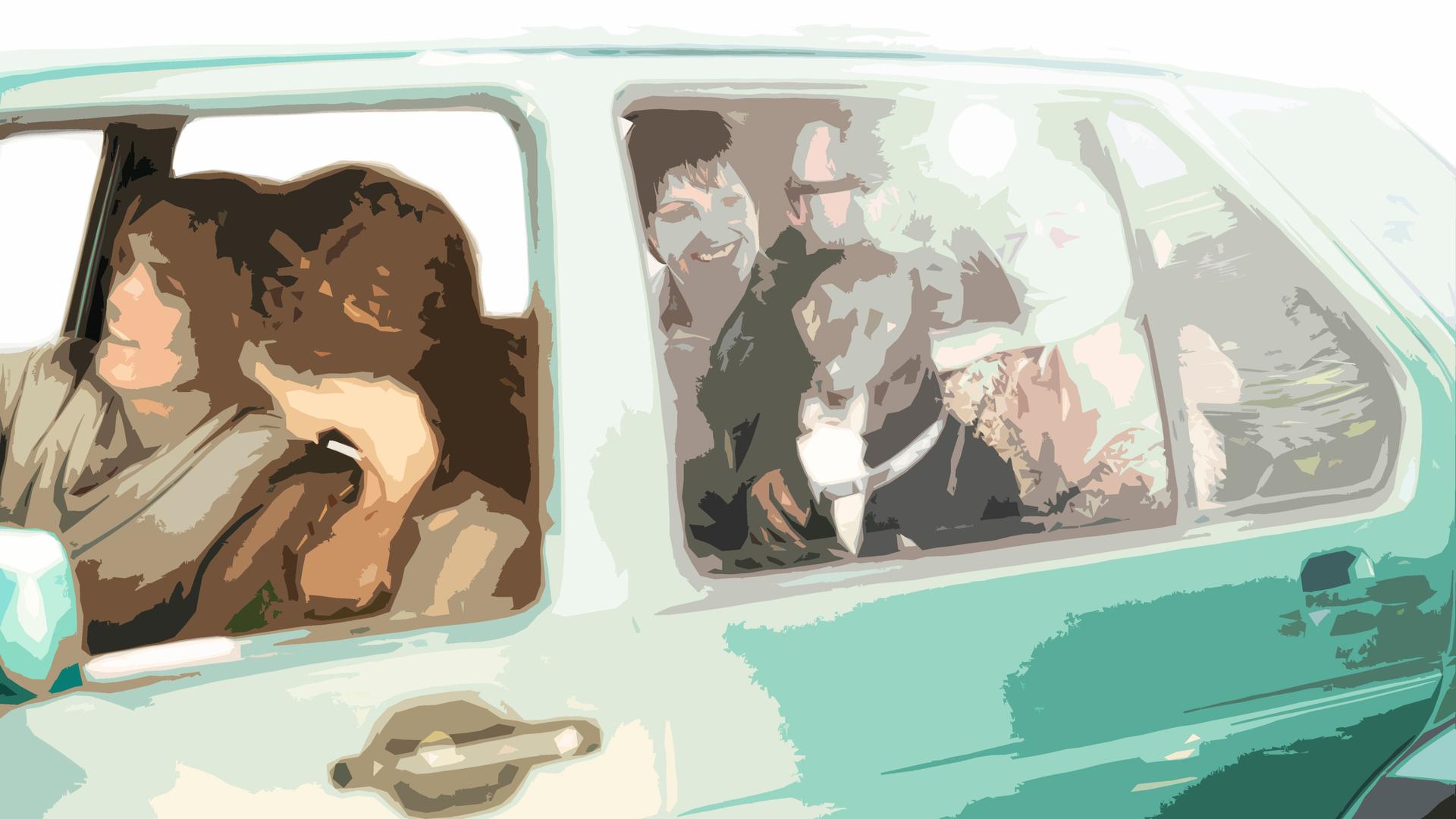 Illustration mehrerer Menschen, die in einem Auto zusammen sitzen.