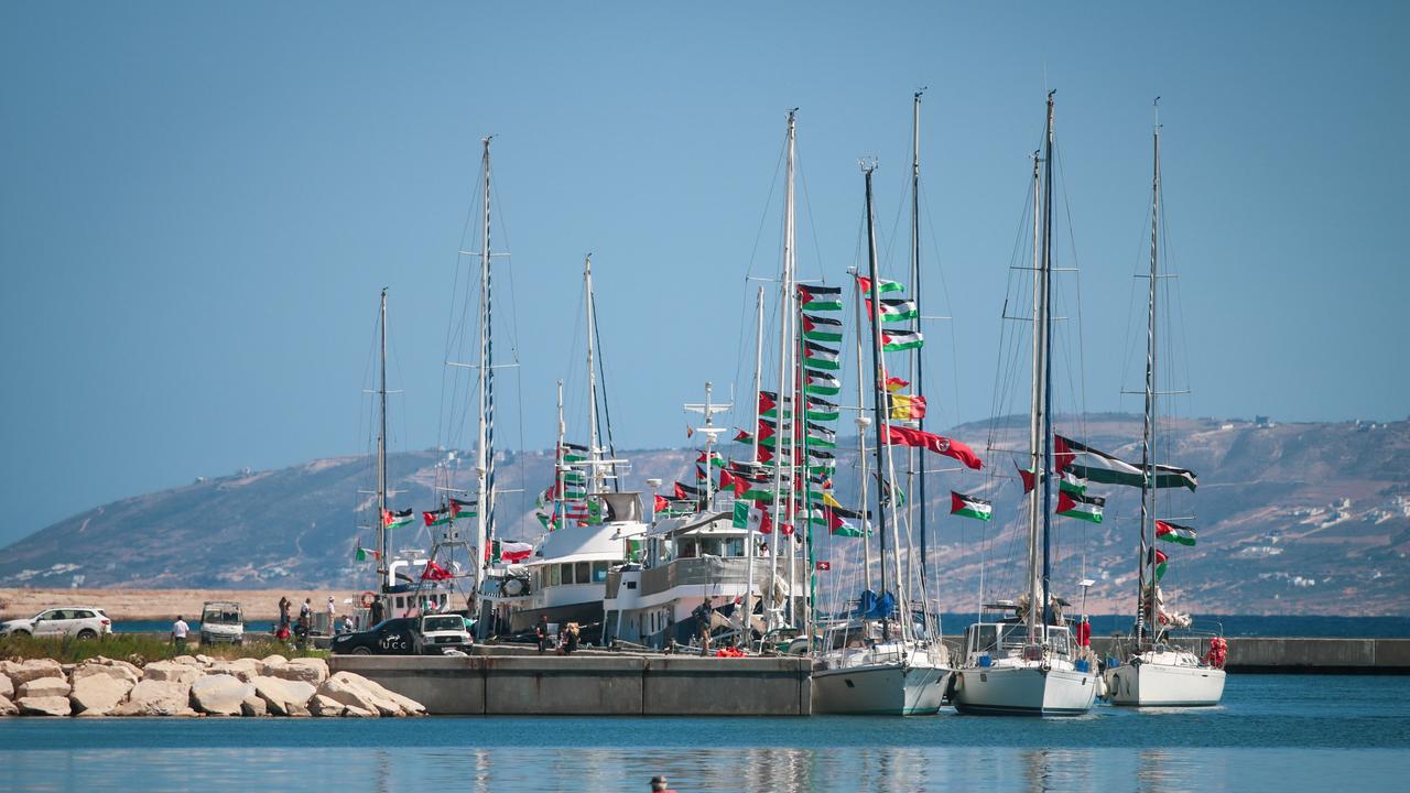 Die Die Gaza-Hilfsflotte Global Sumud Flotilla am 12. September 2025 in einem tunesischen Hafen Die Die Gaza-Hilfsflotte Global Sumud Flotilla am 12. September 2025 in einem tunesischen Hafen