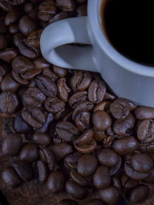 Weiße Keramiktasse mit dunklem Kaffee, die auf einem Bett aus Kaffeebohnen und einer rustikalen Holzoberfläche ruht