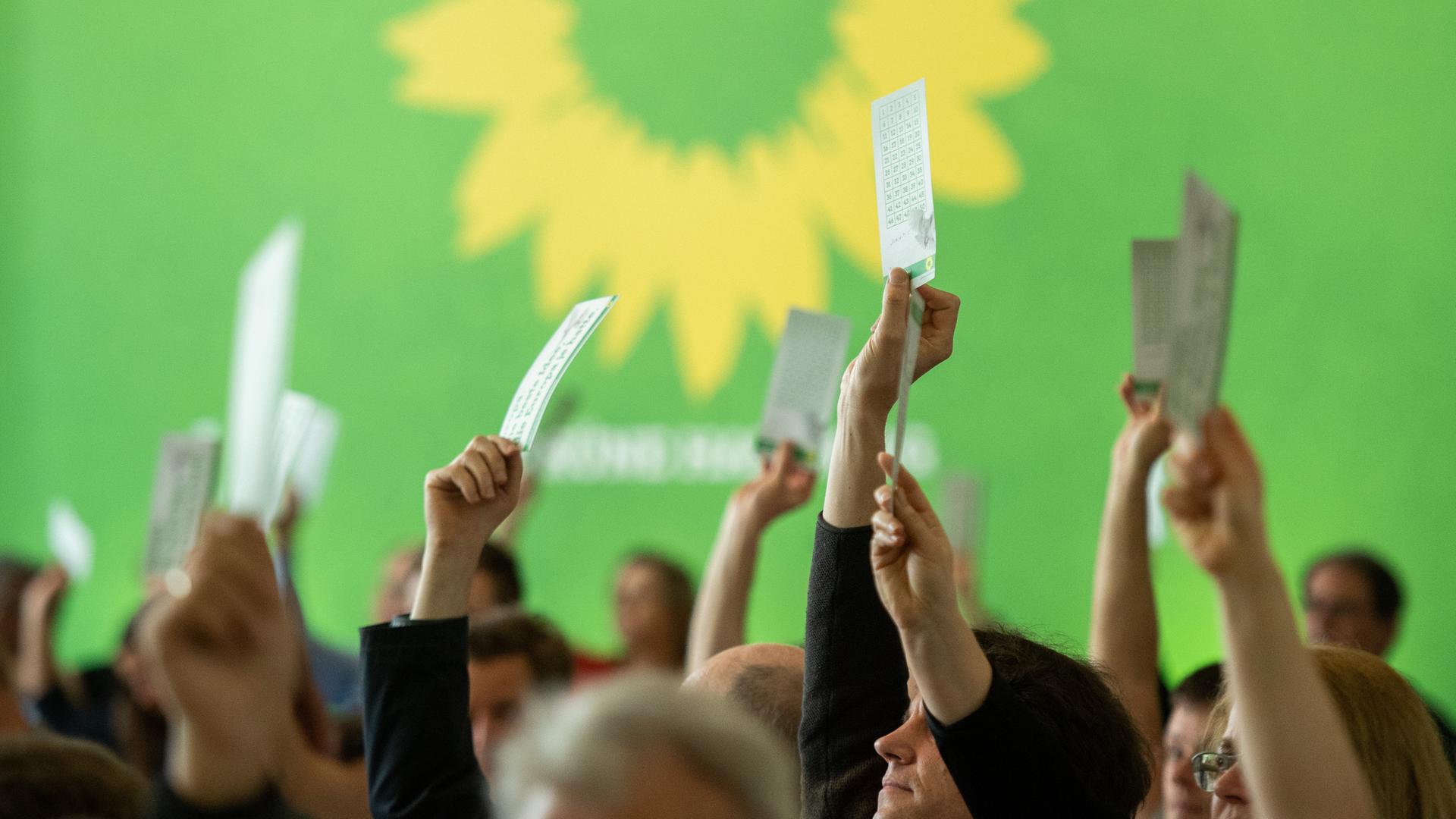 Vor dem Logo der Grünen sind Hände zu sehen, die Stimmkarten hochhalten.