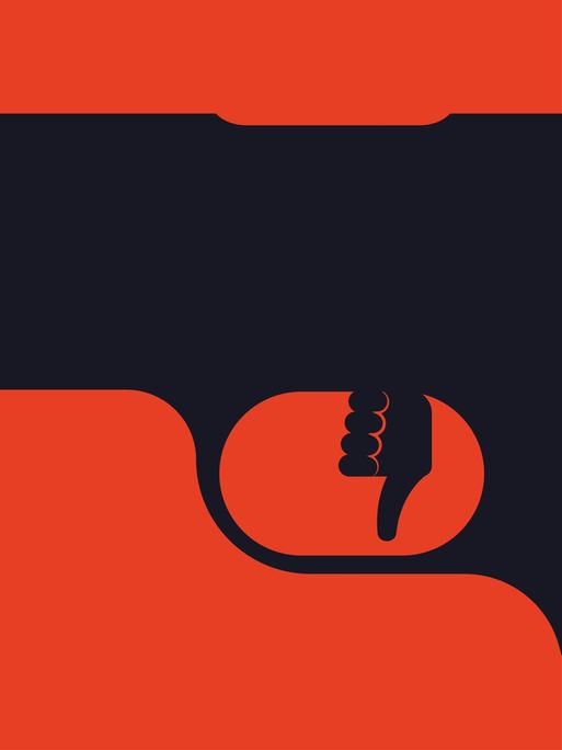 Illustration einer Pistole auf rotem Grund mit einem Dislike-Symbol an Stelle des Triggers.