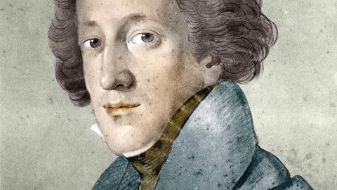 Zeichnung des jungen Mendelssohn mit vollen Locken intensivem Blick zum Betrachter.