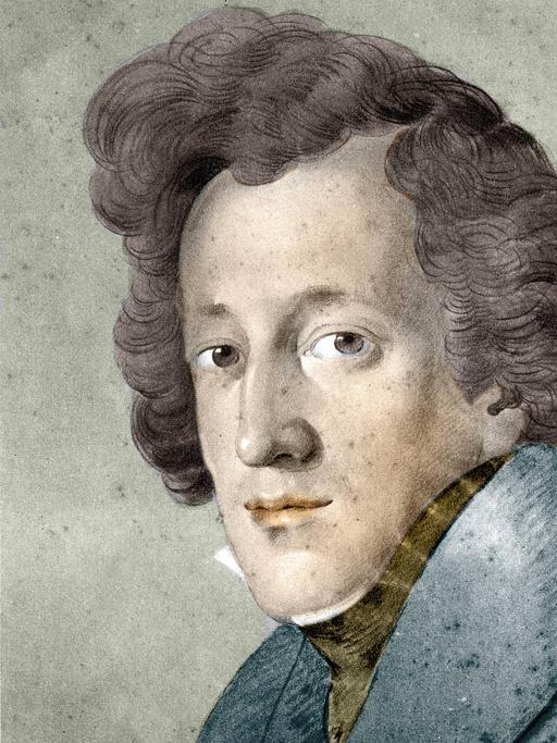 Zeichnung des jungen Mendelssohn mit vollen Locken intensivem Blick zum Betrachter.