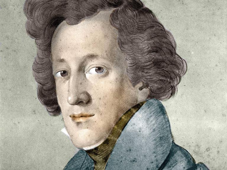 Zeichnung des jungen Mendelssohn mit vollen Locken intensivem Blick zum Betrachter.