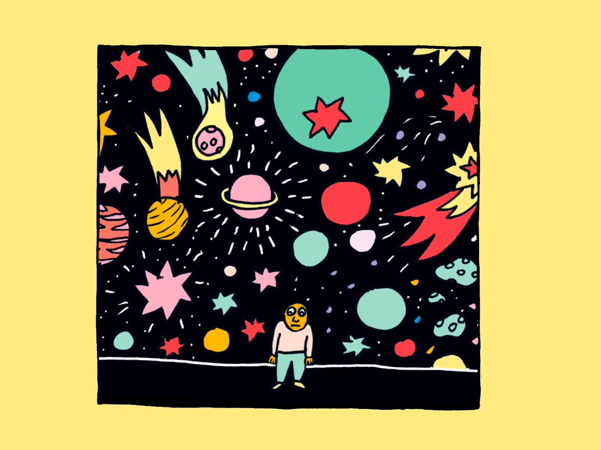 Illustration von Liv Strömquist: Eine Figur steht ratlos mit Blick auf das Universum.