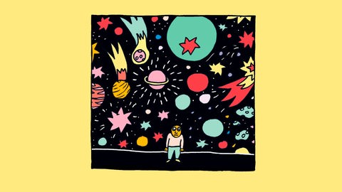 Illustration von Liv Strömquist: Eine Figur steht ratlos mit Blick auf das Universum. Illustration von Liv Strömquist: Eine Figur steht ratlos mit Blick auf das Universum.
