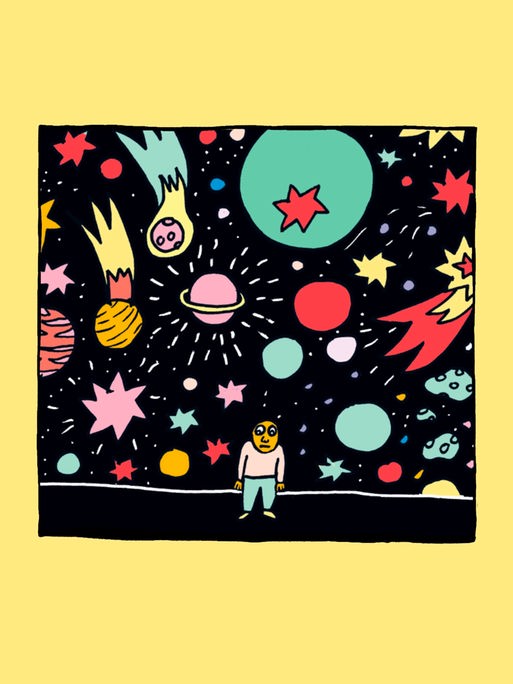 Illustration von Liv Strömquist: Eine Figur steht ratlos mit Blick auf das Universum.