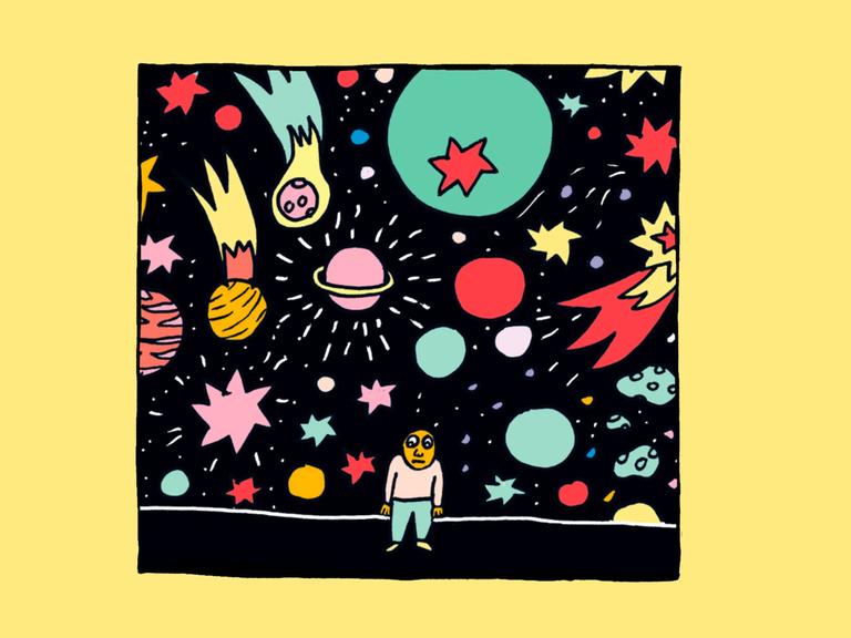 Illustration von Liv Strömquist: Eine Figur steht ratlos mit Blick auf das Universum.