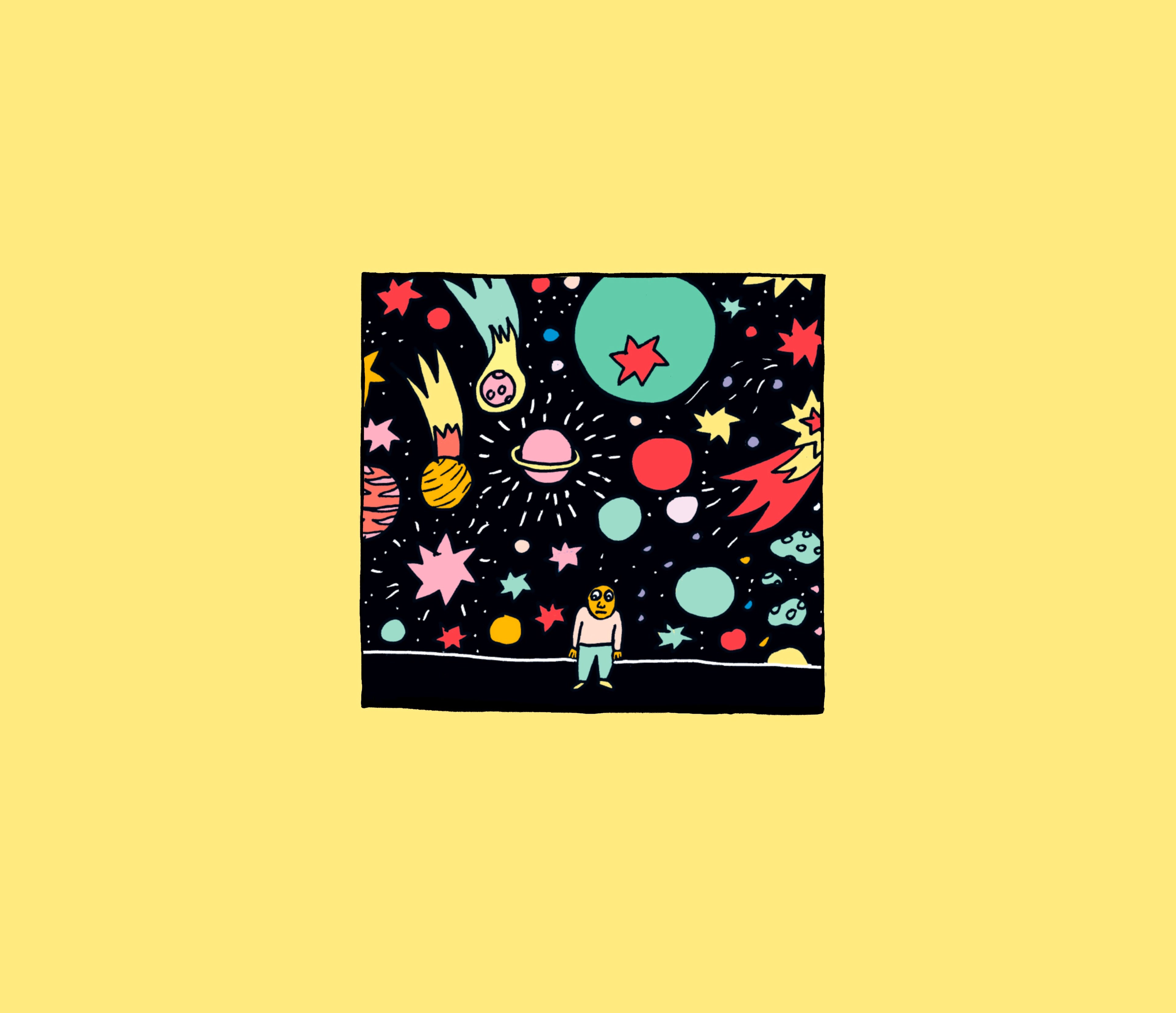 Illustration von Liv Strömquist: Eine Figur steht ratlos mit Blick auf das Universum. Illustration von Liv Strömquist: Eine Figur steht ratlos mit Blick auf das Universum.