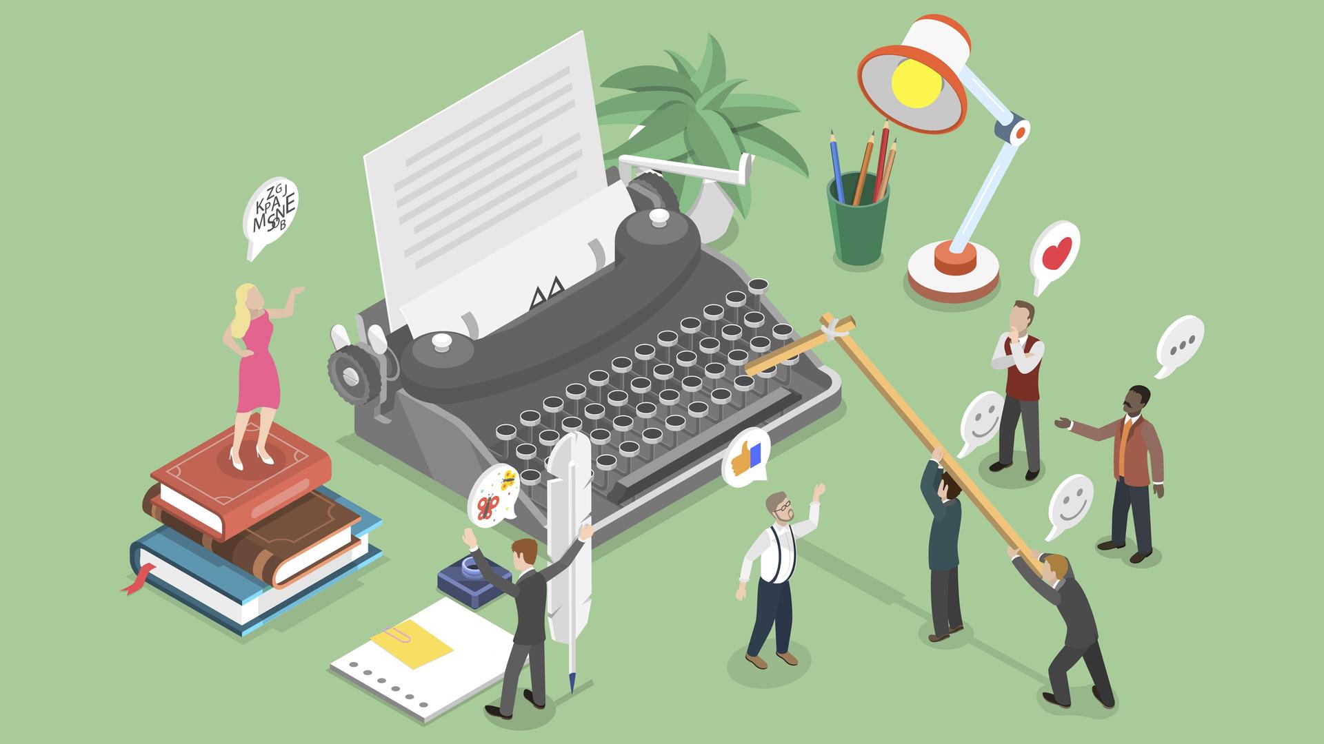 Eine Grafik: Im Mittelpunkt steht eine große Schreibmaschine. Darum sind verschiedene Figuren.